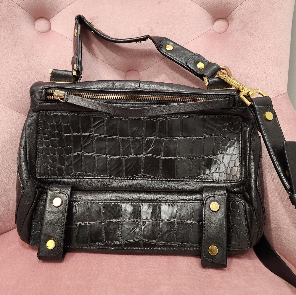 Goldenlane satchel shoulder black leather bag, gold hardware $825